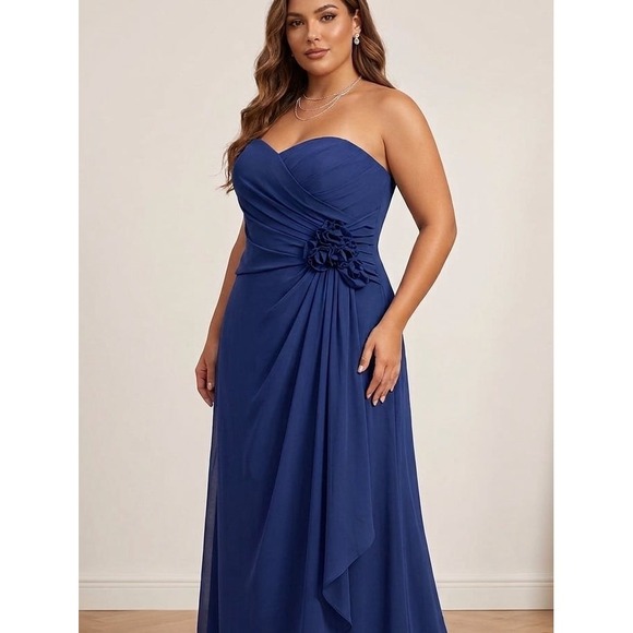 Alfred Angelo Dresses & Skirts - ALFRED ANGELO 14 Navy Strapless Chiffon Evng Gown Ruched Bodice & Floral Detail